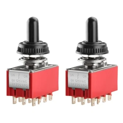 Image of Heschen Miniature Toggle Switch, MTS 403, ON OFF ON, 4PDT, 12 Pin, 2A 250V, 6A 125V, with Waterproof Cover, Pack of 2