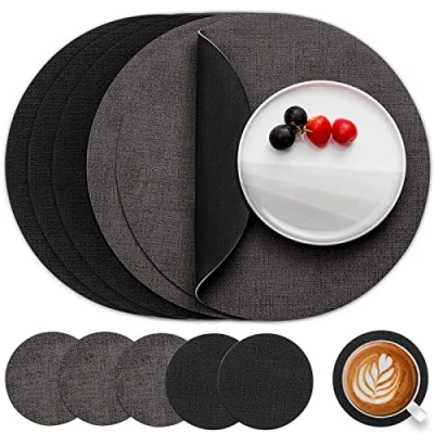 Image of Myir JUN Leather Placemats and Coaster Set of 6, Table Mats Round Waterproof Dual Sided Kitchen Place Coffee Heat Resistant Placemat Non Slip Washable (set Black Grey)