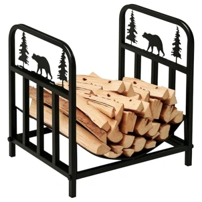 Image of Outsunny Metal Firewood Log Holder Indoor Outdoor Rack Inner Arced Fireplace Wood Storage Shelf w/Bear Shape Design, Rust Resistant, Black, 42W x 33.5D 43H cm
