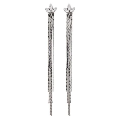Image of Clip On Earrings Silver Plated With Three Crystals And Long Dangle Chains Bella