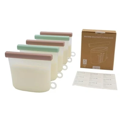 Image of Silicone Breastmilk Storage Bags 5 Pack of Reusable for Breastfeeding BPA Free, Food Grade &amp; 210ml / 7oz Capacity Double Sealed to Prevent Leakage Self Standing
