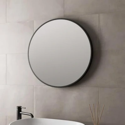 Image of Modern Round Glass Mirror 600mm Black Frame Wall Mounted Bathroom Vanity