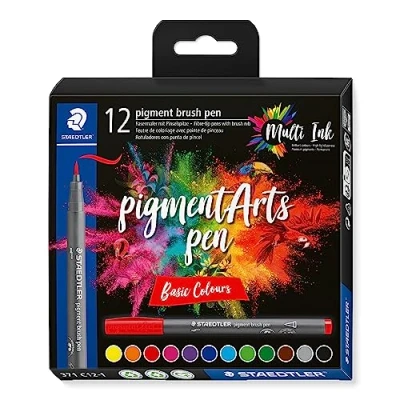 Image of STAEDTLER 371 C12 1 Pigment Arts Brush Pen Assorted Basic Colours (Pack of 12)