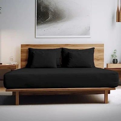 Image of Egyptian Cotton Fitted Sheet Single 200 Thread Count Bedding 25cm Deep Hotel Quality Bed Sheets Black