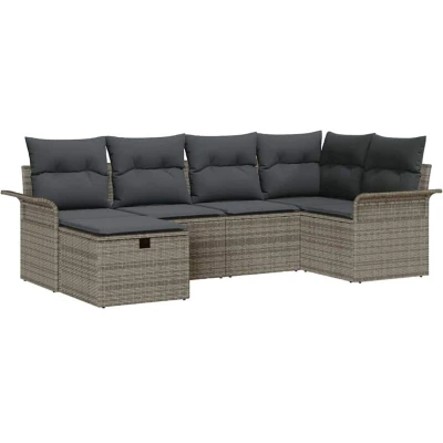 Image of vidaXL 6 Piece Garden Sofa Set with Cushions Grey Poly Rattan