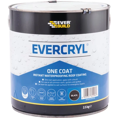 Image of Everbuild Evercryl One Coat Instant Waterproofing Suitable for Roofs, Gutters and Gulleys Black 2.5kg