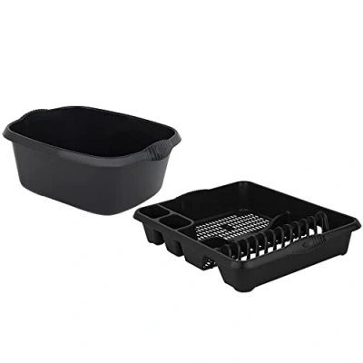 Image of M1SS Set of 39cm Rectangular Washing up Bowl with Large Dish Drainer Plate Rack Draining Board Tray Stand Sink Holder Kitchen Organiser (Midnight Black)