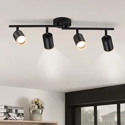 Image of Gr4tec LED Ceiling Spotlight 4 Way, Modern Light Rotatable, Matte Black Spot Bar, GU10 Fitting for Kitchen Bedroom Living Room, Bulb Not Included