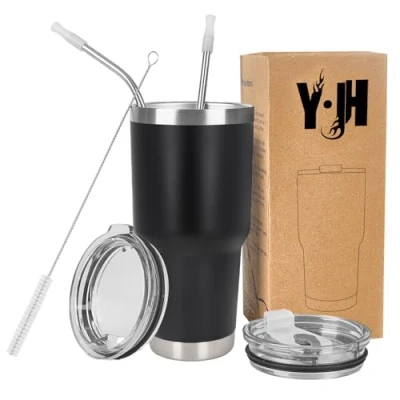 Image of Y·J&amp;H 30oz (850ml) Travel Tumbler Double Wall Vacuum Insulated Coffee Mug Stainless Steel Cup with 2 Splash Proof Lid, Straws &amp; Free Cleaning Brush, BPA Black