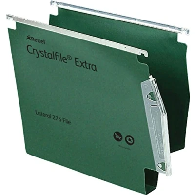 Image of Rexel 275 Lateral Hanging Files with Tabs and Inserts, 30 mm base, Polypropylene, Green, Crystalfile Extra, Pack of 25, 70640