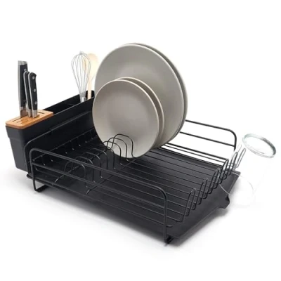 Image of simplywire Premium Dish Drainer Plate Drying Rack with Cutlery Holder &amp; Drip Tray Black Powder Coated Steel
