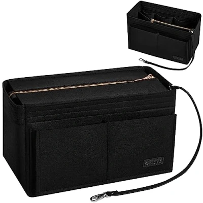 Image of Ropch Handbag Organiser Insert, Tote Bag Insert Felt Organizer Storage with Bottle Holder Perfect for Speedy Neverfull Tote,Black M