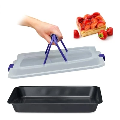 Image of Relaxdays Baking Tray with Lid, Cake Carrier, Kitchen Storage Container Handles, WxD: 40.5 x 32.5 cm, Black/Blue, Steel