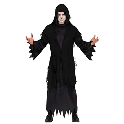 Image of FIESTAS GUIRCA Killer Grim Reaper Halloween Costume for Men Black Hooded Ghost Robe Mens Fancy Dress Costumes Adult Size L 42 44