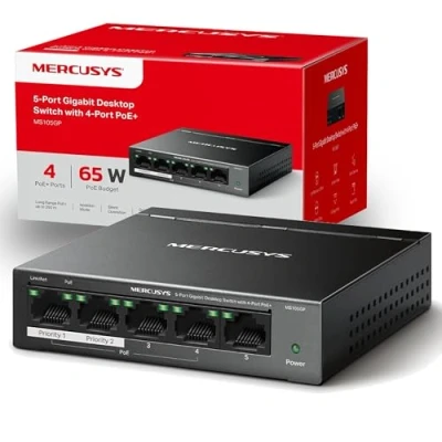 Image of MERCUSYS 5 Port Gigabit Desktop Ethernet Switch with 4 PoE+, PoE Power Budget 65W, compatible 802.3af/at PDs, management, metal case, Plug &amp; Play, No Configuration Required (MS105GP)