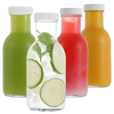 Image of LIMILI Glass Juice Bottles with Lids, 4 pack 250ml Reusable Dairy Drinking Clear for Homemade Beverages Picnics Travel School
