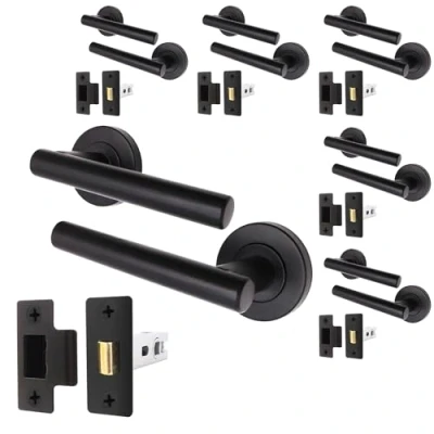 Image of EAI Black Door Handle Latch Set Pack of 6 Round T Bar Internal Handles &amp; (64mm) Matt Lever on Rose Oliena Range