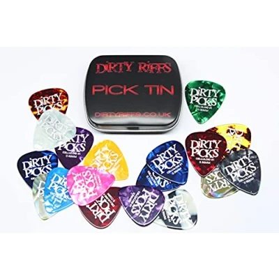 Image of Dirty Riffs 12 x Picks Premium Celluloid Guitar Picks/Plectrums In A Handy Pick Tin 4 Of Each Thin, Medium And Heavy (12 Picks)