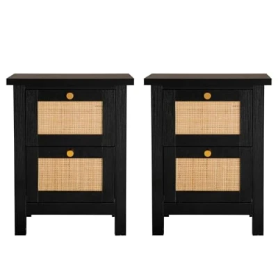 Image of Hallowood Furniture Newquay Black Bedside Table with 2 Drawers and Rattan Front Set of 2, Wooden Storage Unit, Side Table, Lamp Nightstand, Narrow Chest Drawer for Living Room