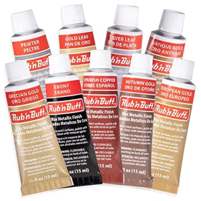 Image of AMACO Rub n Buff Wax Metallic Finish 9 Color Kit Antique Gold European Grecian Autumn Leaf Spanish Copper Silver Ebony Pewter and Gilding 15ml Tubes
