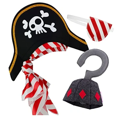 Image of Pirate hat Eye Patch Hook for Kids Children Caribbean Captain Costume Black Red