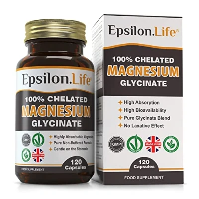 Image of Epsilon Magnesium Glycinate Supplements Chelated Bisglycinate Supplement 120 Easy to Take Vegan Capsules 500mg Unbuffered per Capsule UK Made