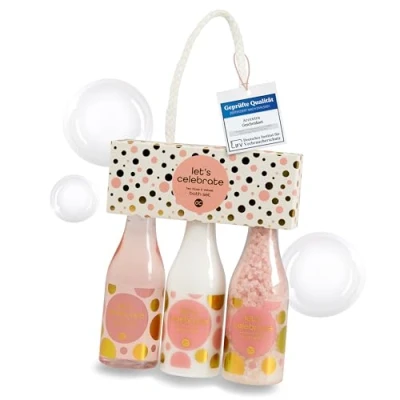 Image of accentra Let&#039;s celebrate Women&#039;s Gift Set in Plastic Champagne Bottle Bath &amp; Shower with Tea Rose Velvet Including Gel, Body Lotion Salt 3 Piece Wellness for Women and