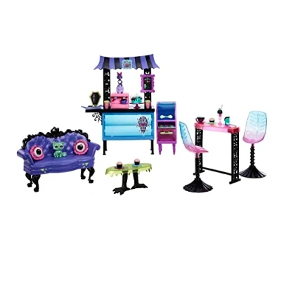 Image of Monster High The Coffin Bean Playset, Café with Two Pets, Spooky Furniture, Pastry Treats and Drinks, Barista Counter, Kids Toys, Gift Set, HMV78