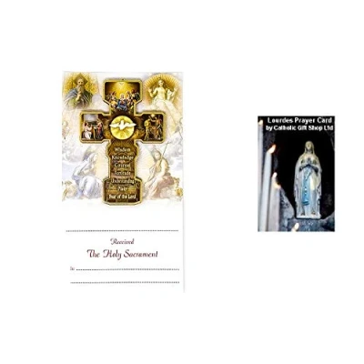 Image of Catholic Gift Shop Ltd Wooden Confirmation Cross, with Dove &amp; Certificate Lourdes Prayer Card