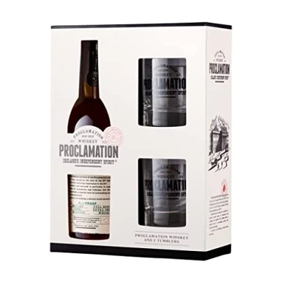Image of Proclamation Blended Irish Whiskey, 40.7% ABV, 70cl and Two Branded Whiskey Tumblers Gift Pack