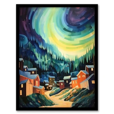 Image of Artery8 Northern Lights Over Dawson City Yukon Territory Canada Watercolour Painting Artwork Framed Wall Art Print 18X24 Inch
