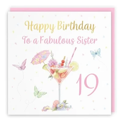 Image of Hunts England 19th Sister Pink Cocktail And Butterflies Birthday Card Luxury Gold Foil Milo&#039;s Gallery Age 19 Drinks, Flowers, Hearts Elegant For
