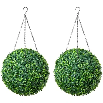 Image of CHRISTOW Pair of Artificial Boxwood Topiary Balls, 28cm Faux Leaf Pant Hanging Ornaments, Decorative Outdoor Garden Topiaries, Lush Lifelike Foliage, UV Fade Protected, Pre Attached Chain with Hook