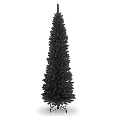 Image of SHATCHI 4Ft 8ft Artificial Flocked Slim Christmas Pencil Tree Holiday Home Decorations with Pointed Tips and Metal Stand, Black,