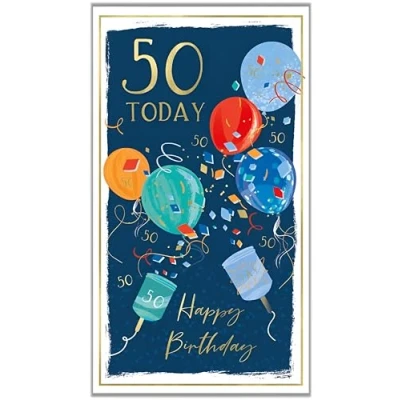 Image of Male 50th Birthday Card Age 50 Champagne and Balloons Special Finishes Illustrated Insert Leaf Made in the UK