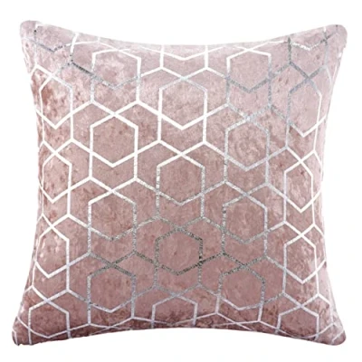 Image of Red Rainbow Geometric Metallic Hexagon Luxury Crushed Velvet Cushion Cover (Pink &amp; Silver, 18&quot; x 18&quot;)