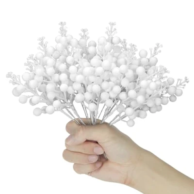 Image of KKSTY Pack of 16 Christmas Glitter Berry Stem, Artificial Picks Holly Berries Branches for Tree Decoration Wreath Making Supplies DIY Crafts Holiday Season Winter Home Decor (White)