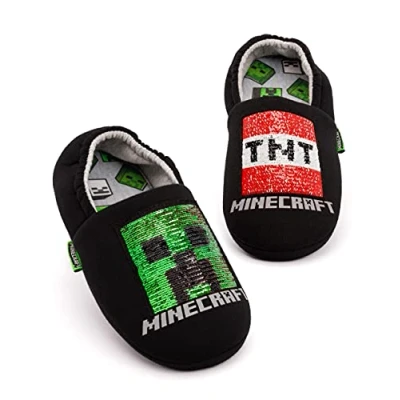 Image of Minecraft Slippers for Boys Various Styles Kids Blue Navy Black Sequin Creeper House Shoes Children &amp; Teens Gaming Footwear Merchandise 5 UK