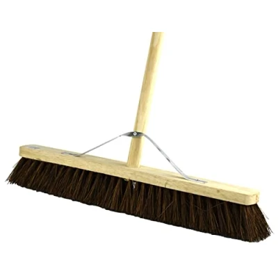 Image of Natural Hard Bristle Broom Bassine Brush With Handle 24&quot; Indoor &amp; Outdoor Sweeping