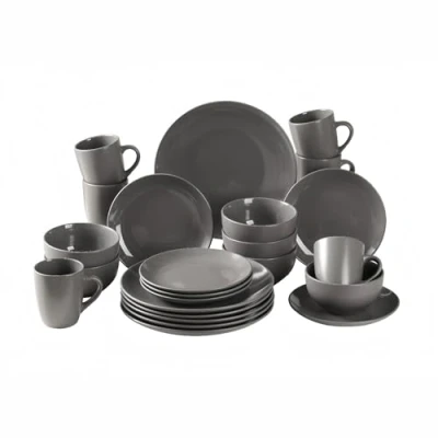 Image of simpa 24PC Grey Glazed Ceramic Stoneware Dinner Set. 6 Plates, Side Bowls &amp; Mugs. Dishwasher Microwave Safe.
