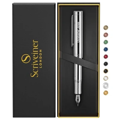 Image of Scriveiner Personalised Silver Chrome Fountain Pen (Medium), Award Winning Luxury Pen, Heavy Pocket Finish, Best Engraved Gift Set for Men &amp; Women, Name Engraving