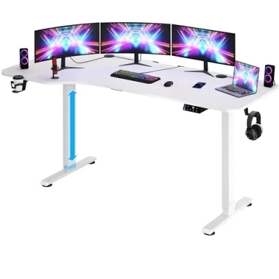 Image of CASARIA® White L Shaped Motorised Sit Stand Desk Height Adjustable 73 118cm 160x75cm Deskop LCD Display Standing Home Office Gaming Computer Table Headset, Drink Holder