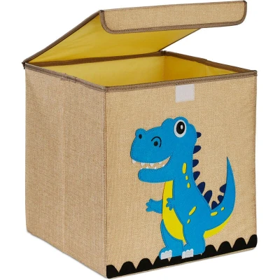 Image of Relaxdays Storage Kids, Dinosaur Print, Foldable Basket, HWD 33 x cm, Toy Box, Beige/Light Blue, Cotton