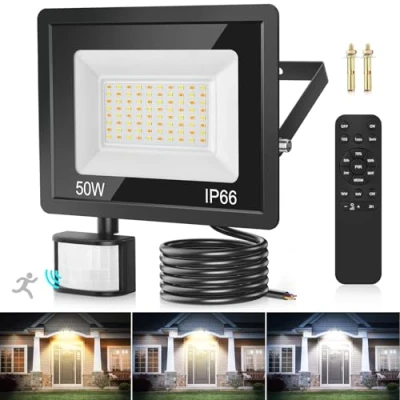 Image of Security Lights Outdoor Motion Sensor 50W, 3 Colours 4500LM PIR with Remote Control, IP66 Waterproof Outside Dimmable Light Floodlight for Backyard, Garden