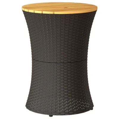 Image of vidaXL Modern Garden Side Table Black Poly Rattan with Solid Acacia Wood Top, Powder Coated Steel Frame, Drum Shape, Outdoor Patio Furniture