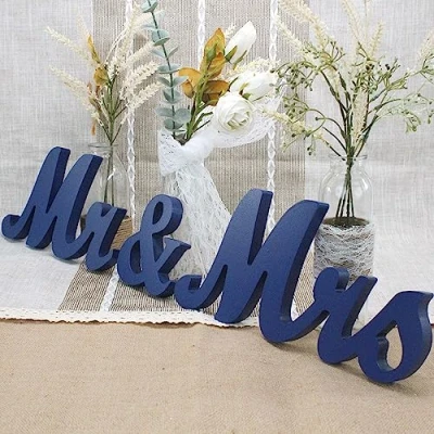 Image of JENSENER Mr &amp; Mrs Wooden Letters for Wedding Table, Dark Blue Large Mr. and Mrs. Table Decoration, Mister Miss Wood Sign， Ms Present