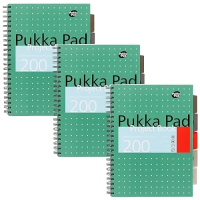 Image of Pukka Pad, 5 Subject A4+ Project Book 3 Pack with Repositionable Dividers 200 Pages of 80GSM Paper 8mm Lines and Perforated Edges Metallic Green 29.7 x 23cm