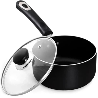 Image of KICHLY 16cm / 1.5L Nonstick Saucepan with Glass Lid Multipurpose Use for Home Kitchen or Restaurant Milk Pan, (16cm, 1.5L, Black, Pack of 1)