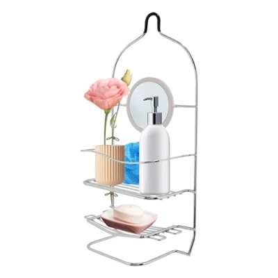 Image of Albert Austin Shower Caddy Organiser with Mirror Rust Proof Chrome Shelf Easy to Clean No Drill Hanging Shampoo Toiletries Holder Bathroom Storage