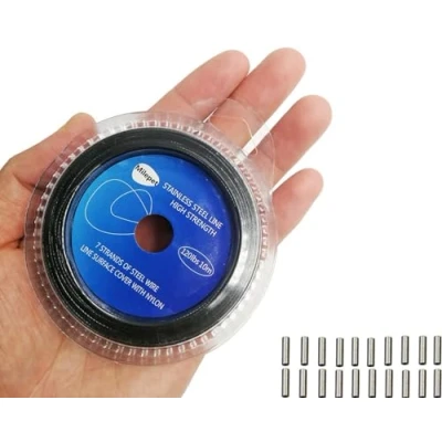 Image of Black Fishing Wire Line: 10LB 200LB Stainless Steel Leader 10 Meter with 20pcs Crimps Sleeves (200LB)